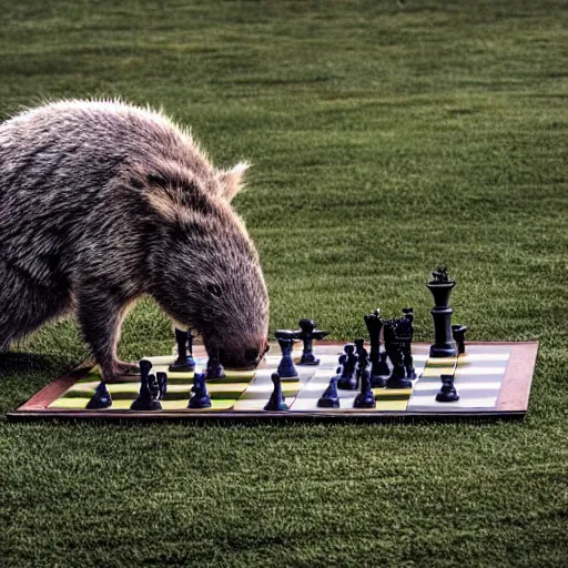 Image similar to crazy wombat playing chess in stellenbosch de zalze with dark clouds and lighting