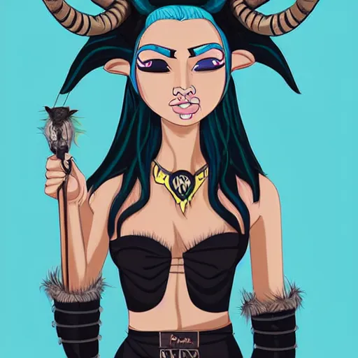 Prompt: illustrated portrait of ram-horned devil woman with blue bob hairstyle and hex #FFA500 colored skin tone and with solid black eyes wearing leather by rossdraws