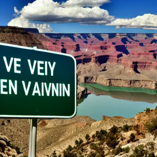 Image similar to A green sign that says Very Deep Learning and is at the edge of the Grand Canyon. Puffy white clouds are in the sky.