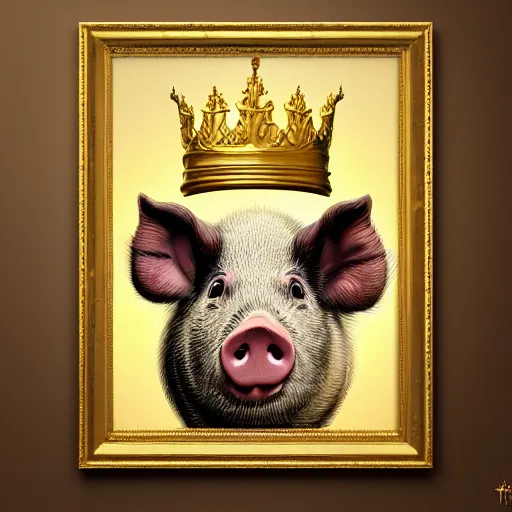 Prompt: an epic painting of a proudly standing pig wearing a gold crown, oil on canvas, golden hour, perfect composition, golden ratio, beautiful detailed, photorealistic, digital painting, artstation, concept art, smooth, sharp focus, illustration, fantasy background, artstation trending, octane render, unreal engine