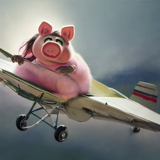 Prompt: cute miss piggy mupett piloting elias ec - 1 aircoupe plane, action shot, highly detailed, photorealistic, octane render, 8 k, unreal engine. art by artgerm and greg rutkowski and alphonse mucha