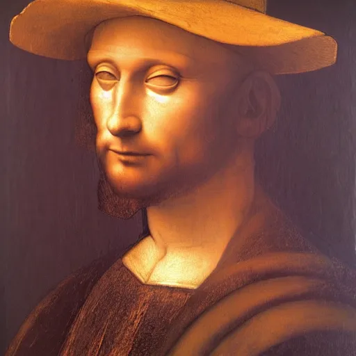 Image similar to an oil painting of a man in a hat, leonardo da vinci style,