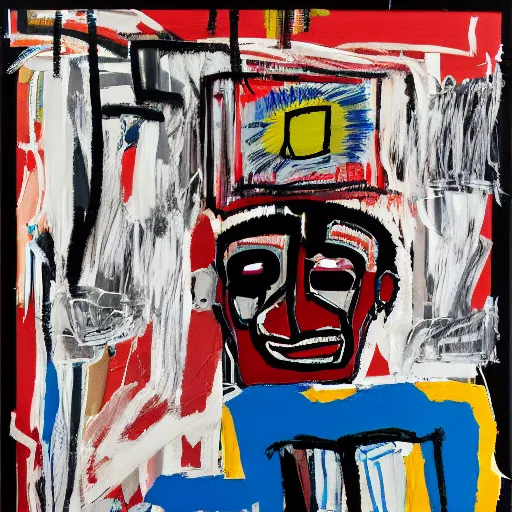 Prompt: Late afternoon in the studio. Sunlight is pouring through the window lighting the face of a sleepy man holding a red cup of coffee. Detailed and intricate brush strokes, oil paint and spray paint, markers, paper collage, crayon transfer on canvas. Painting by Basquiat, 1986