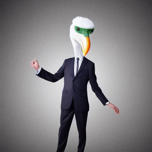 Image similar to stock photo of a man in a suit wearing a latex mask of a shoebill stork, realistic proportions, white background, rim lighting, dramatic