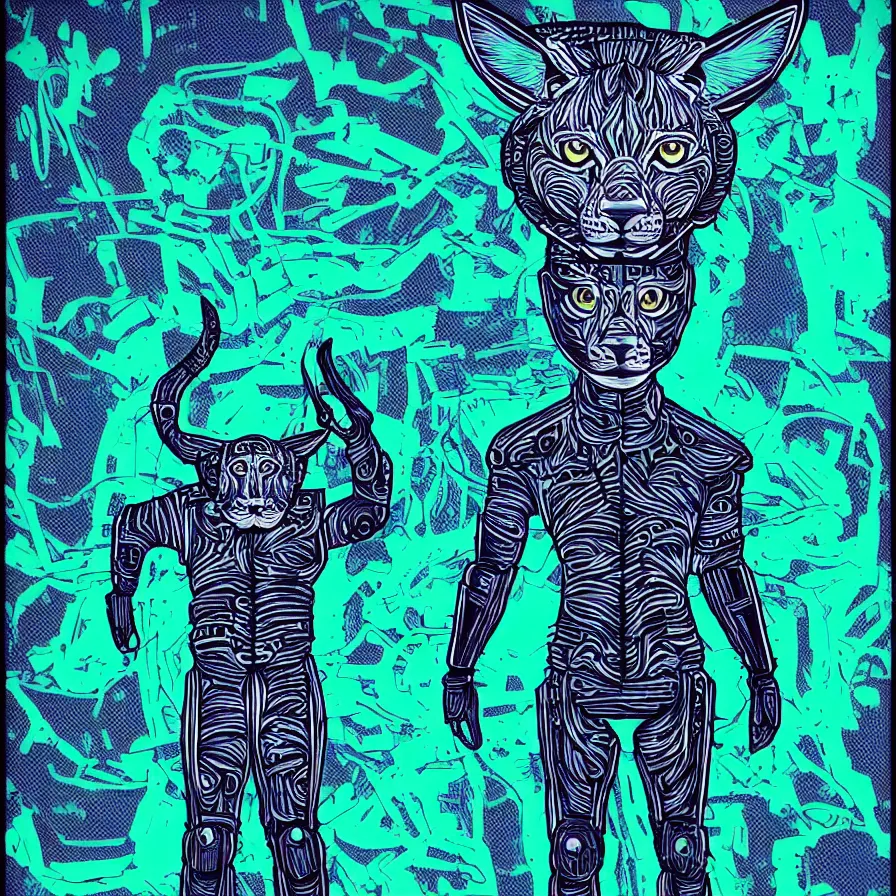 Image similar to a slightly minimalist very detailed fullbody portrait antropomorphic humanoid android with a head of a lynx. lowbrow blacklight color palette. artwork by subjekt zero. black background.