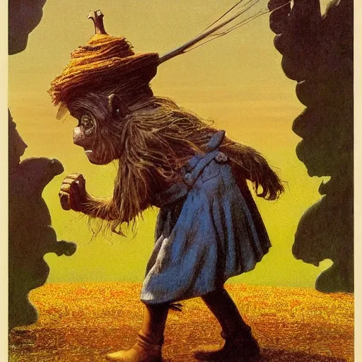 Image similar to munchkin from the wizard of oz, by lawrence alma-tadema and zdzislaw beksinski and norman rockwell and jack kirby and tom lovell and greg staples, artstation creature art