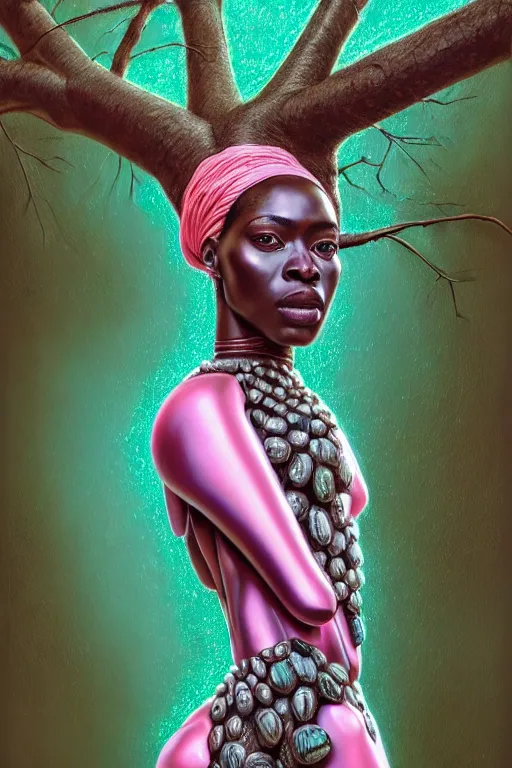 Prompt: hyperrealistic avant garde cinematic super expressive! yoruba goddess with exoskeleton armor, merging with tree in a forest, highly detailed digital art masterpiece, smooth cam de leon eric zener dramatic pearlescent soft teal pink light, ground angle hd 8 k, sharp focus