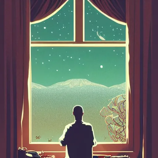 Prompt: poster artwork by Michael Whelan and Tomer Hanuka, Karol Bak of the last alchemist looks out his window at the stars, from scene from Twin Peaks, clean, simple illustration, nostalgic, domestic, full of details