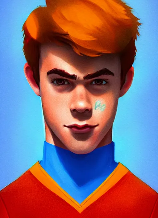 Image similar to friendly teenage archie andrews wearing an orange superhero costume with heart logo, heart, orange costume, blue cape, freckles, cape, heart emblem on chest, heart, blue cape, intricate, elegant, glowing lights, highly detailed, digital painting, artstation, sharp focus, illustration, art by wlop, mars ravelo and greg rutkowski