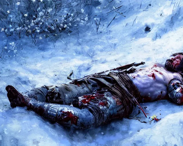 Prompt: Highly realistic oil painting of a wounded knight lying in the snow, surrounded by blue flowers, blood on flowers, by greg rutkowski, highly detailed, cinematic lighting, moody, dark