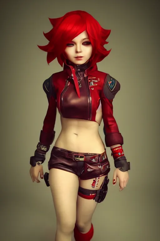 Image similar to a girl with short red hair, cool, vi from arcane, league of legends, fighter, cool red jacket, tattoo, beautiful, 3 d, potrait, art staion, studio light, closeup shot, octane render, wlop, realistic, neon