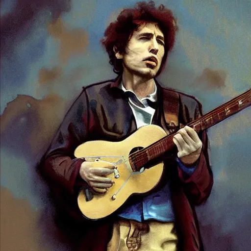 Image similar to character portrait of a rugged bob dylan playing his guitar in the fullham. f. c stadium, gothic, john singer sargent, muted colors, moody colors, illustration, digital illustration, amazing values, art by j. c. leyendecker, joseph christian leyendecker, william - adolphe bouguerea, graphic style, dramatic lighting, gothic lighting