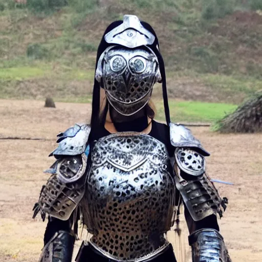 Prompt: photo of a female warrior with metal owl armour