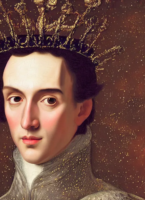 Image similar to close-up portrait of anthropomorphic Prince with a head of barn owl, in a crown, bokeh, blurred space, stars, dreamy, romantic, painting in the museum, highly detailed, sharp focus, digital painting, artwork, by John James Audubon by Victor Adame Minguez by Yuumei by Tom Lovell by Sandro Botticelli