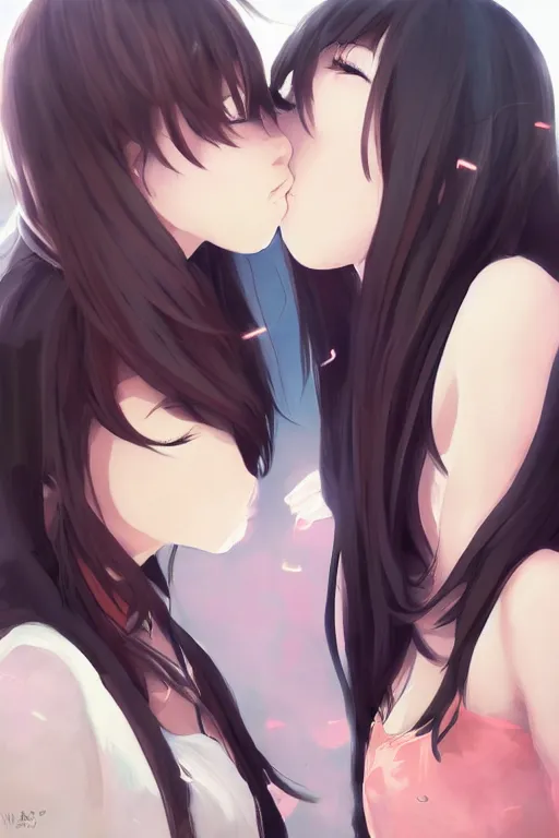 Image similar to portrait of two girls kissing, anime, drawn by WLOP, trending on Artstation