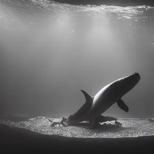 Image similar to underwater photo of a demonic whale in an abandoned aquarium, real life photography, horror, biological photo, fullbody, dynamic lighting, beautiful, scary