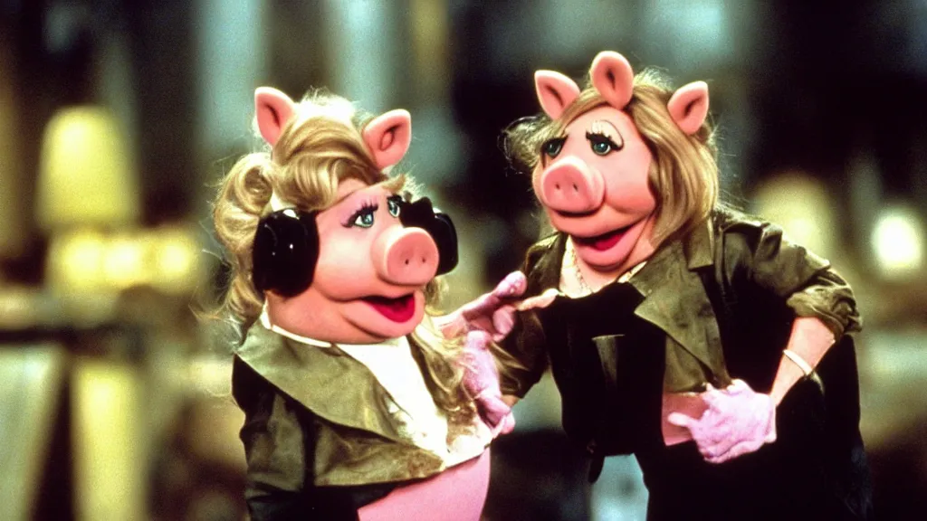 Image similar to movie still of miss piggy starring as trinity in the matrix 1 9 9 9 movie fighting agent smith