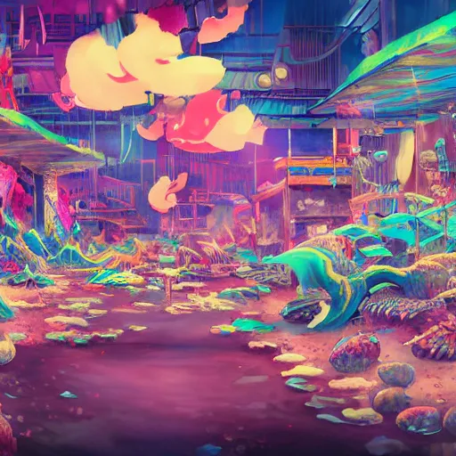 Image similar to anime background of an undersea slums shopping district built from various sea shells and corals, seaweed, light prisms, light diffraction, steampunk, cyberpunk, cool colors, caustics, anime, vhs distortion, inspired by splatoon by nintendo, art created by miyazaki studio ghibli