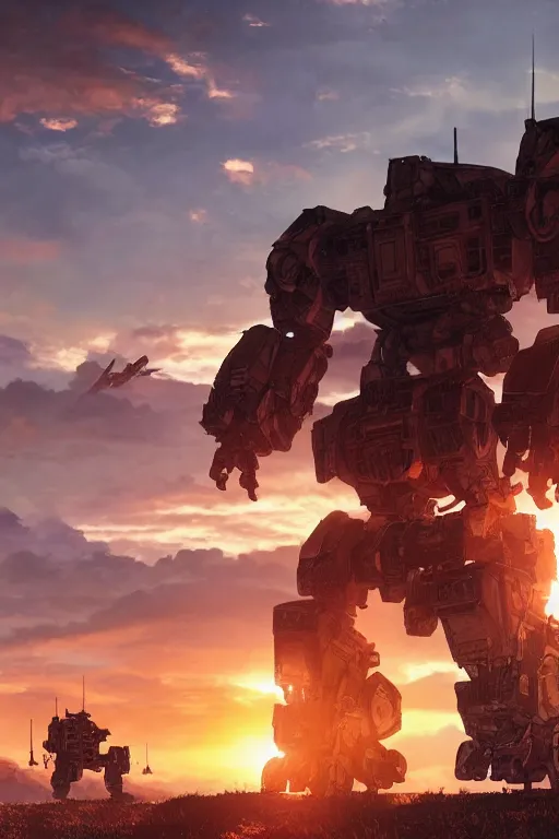 Image similar to A real photo of a Huge Mechwarrior and the sunset in the distance, by Josan Gonzalez, Yoji Shinkawa and Geof Darrow, highly detailed, Unreal Engine Render, 3D, 8k wallpaper