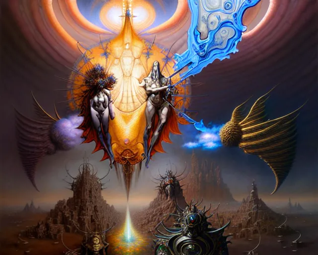 Image similar to the armies of heaven and hell, fantasy character portrait made of fractals facing each other, ultra realistic, wide angle, intricate details, the fifth element artifacts, highly detailed by peter mohrbacher, hajime sorayama, wayne barlowe, boris vallejo, aaron horkey, gaston bussiere, craig mullins