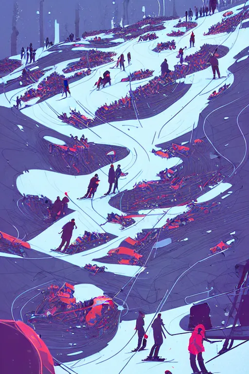 Image similar to by moebius and atey ghailan | the bottom of a ski slope with a huge pile of tangled up skiers |