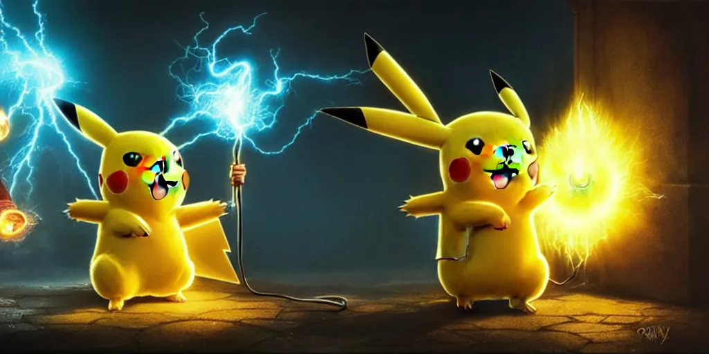 Image similar to pikachu electrocutes a magical wizard with a hole in his head, 4 / 3, symmetrical, golden ratio, digital art, fantasy art, octane render, unreal engine, high detail, very realistic, by greg rutkowski, by james gurney