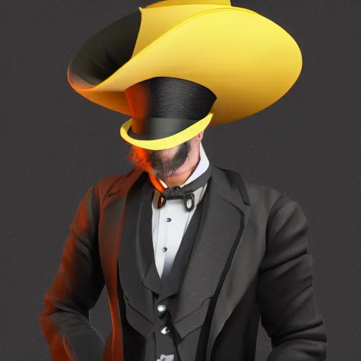 Image similar to a highly detailed portrait of a man in a high top hat covering his face, in a black tailcoat with a yellow waistcoat under the tailcoat, artstation, deviantart, professional, unreal engine 5, photorealistic