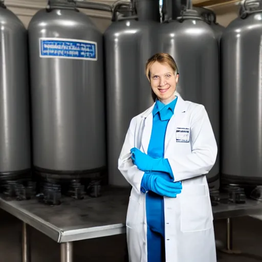 Image similar to woman in a lab coat leaning against a large compressed air tank. she's smirking while holding on to the tank's valve. a hose connects the tank to her mouth.