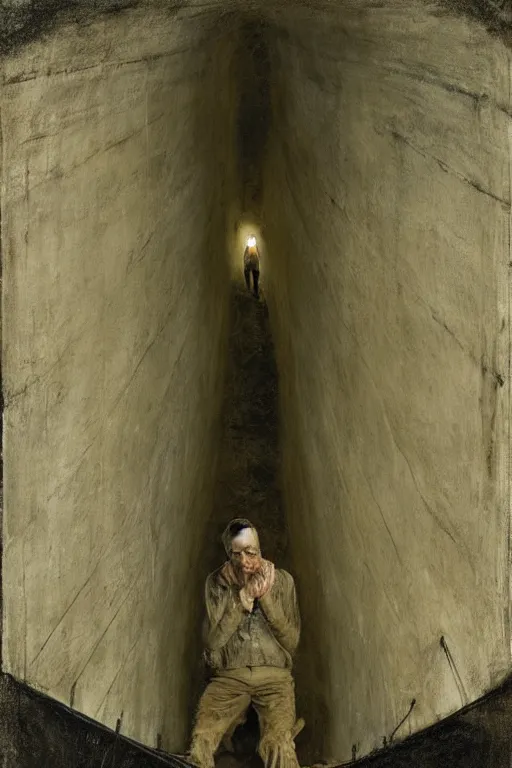 Image similar to Andrew Wyeth artwork, A man with a wooden box under his arm stands inside a dark tunnel, looking up with an expression of horror