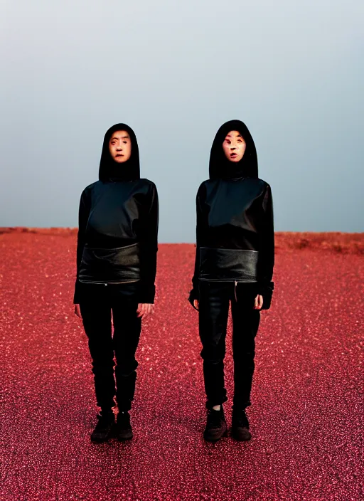 Image similar to cinestill 5 0 d photograph of 2 women wearing black techwear in front of a brutalist sharp - edged metal building, closeup, on a desolate plain, red glitter sky, sigma 8 5 mm f / 1. 4, 4 k, depth of field, high resolution, highly detailed, 4 k, 8 k, hd, full color, raw