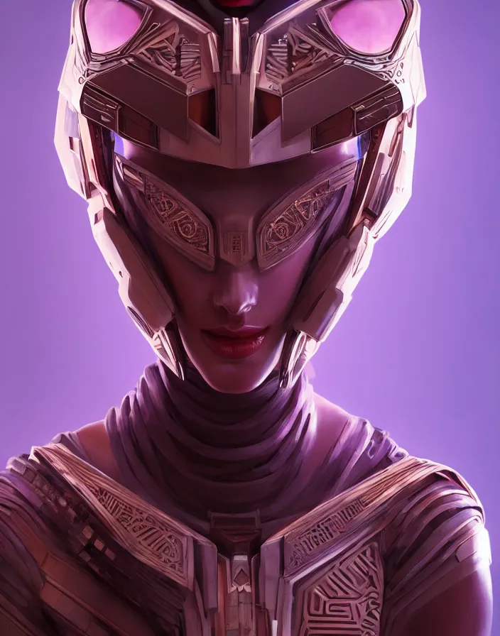 Image similar to beautiful portrait of friendly attractive alien cyborg, style of Feng Zhu, Artstation geometric, aesthetic, smooth skin, unique features, symmetrical, intricate crown, high fashion, streetwear, cyberpunk, detailed, octane render, cinematic, 8k, purple skin, brown skin