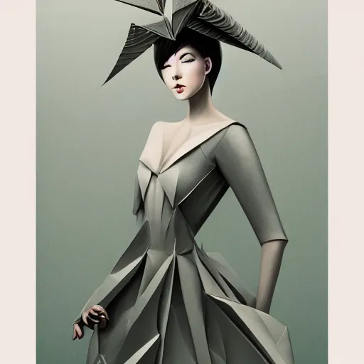 Image similar to 3 / 4 view of a beautiful girl wearing an origami dress, elegant, by esao andrews, by eiko ishioka, givenchy, by peter mohrbacher, centered, high depth of field, origami, detailed fashion illustration, vogue, japanese, reallusion character creator