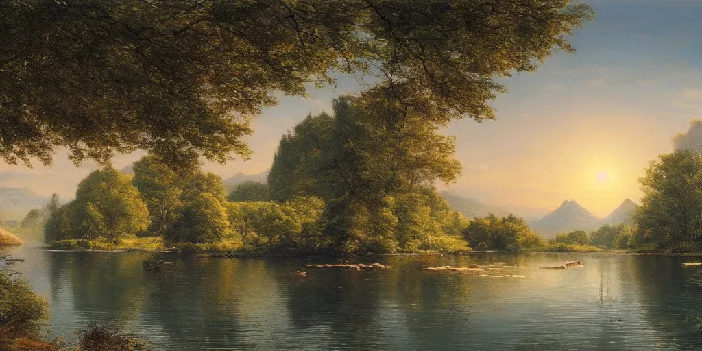 Image similar to a beautiful lake landscape in summer, by Ernest deutsch + Ted Nasmith, cinematic lighting, masterpiece, highly detailed, 8k resolution, trending on art station