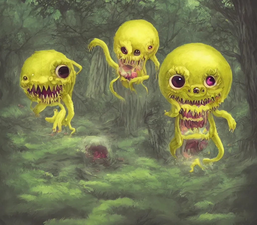 Prompt: a cute lemon monster with sharp teeth in a forest, heavenly, pastel, cute, dark, scary, eerie, trending on artstation, digital art.