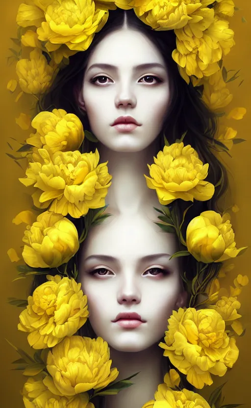 Image similar to beautiful yellow woman, symmetrical portrait, realistic, full body, black peonies, white snakes wrapped around the sky, rich details, by wlop