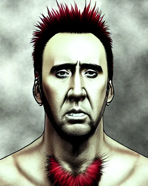 Prompt: nicolas cage with a short red dyed mohawk, red eyes and a slim face, gauged ears, dressed in crustpunk clothing, headshot, attractive, handsome, in color, no makeup, model, trending on artstation, high quality art, character design, realism