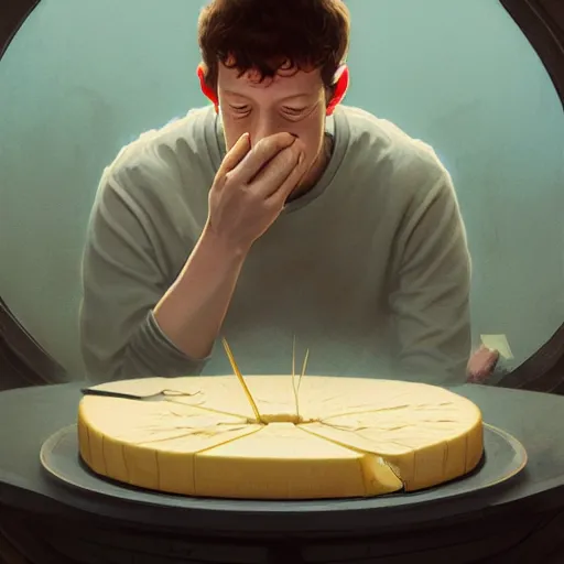 Prompt: mark zuckerberg eating an entire wheel of cheese, highly detailed vfx portrait, unreal engine, greg rutkowski, loish, rhads, caspar david friedrich, makoto shinkai and lois van baarle, ilya kuvshinov, rossdraws, elegent, tom bagshaw, alphonse mucha, global illumination, detailed and intricate environment.