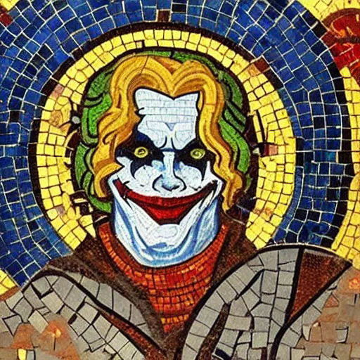 Prompt: medieval mosaic depicting the joker, medieval church art, mosaic of the joker standing in front of gotham, high quality