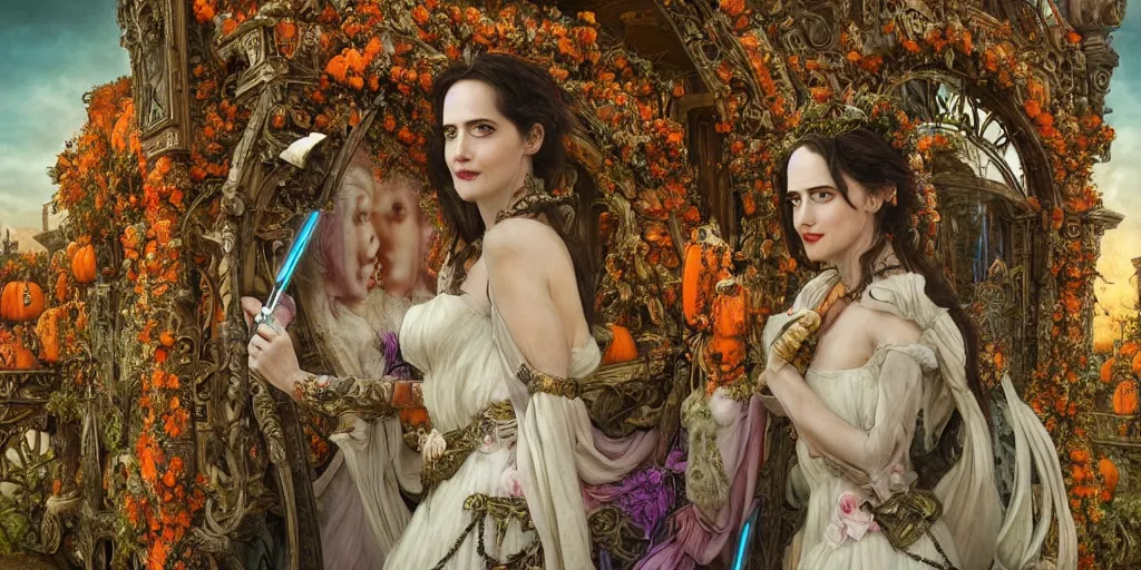 Image similar to fairytale princess played by Eva green with lovely detailed face entering the gates of her majestic palace of flowers , with horse driven , carriage made of pumpkins , epic scene unreal render depth of focus blur hyperrealistic detail Star Wars mucha fantasy art behance