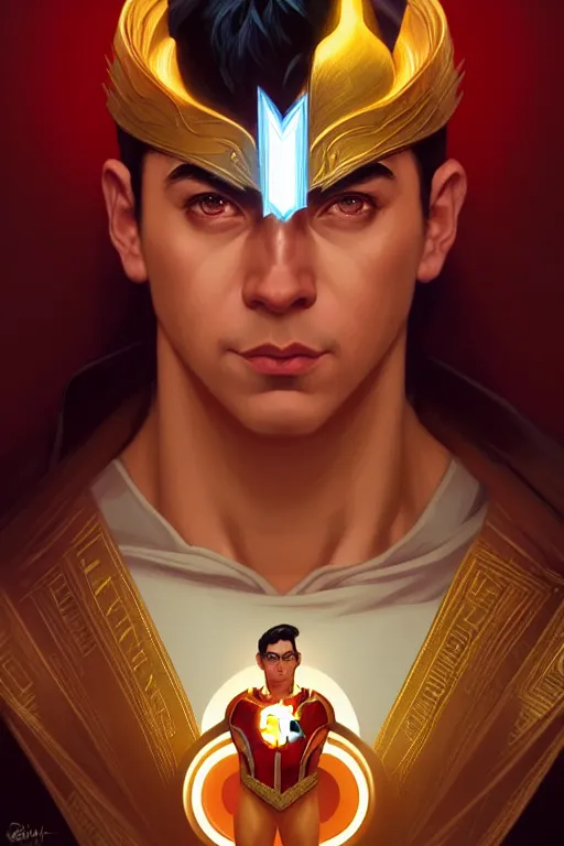 Prompt: a portrait of shazam, fantasy, sharp focus, intricate, elegant, digital painting, artstation, matte, highly detailed, concept art, illustration, ambient lighting, art by ilya kuvshinov, artgerm, alphonse mucha, and greg rutkowski