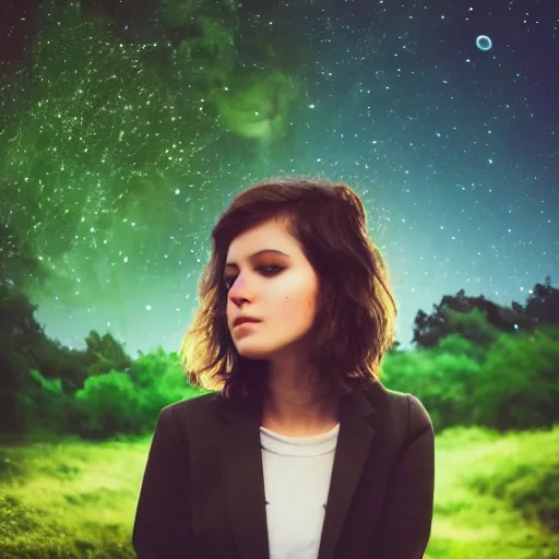 Image similar to an hd photo of a young woman with short brown hair and green eyes, trees in the background, night sky with stars and galaxies, trending on artstation, candid, profile photo