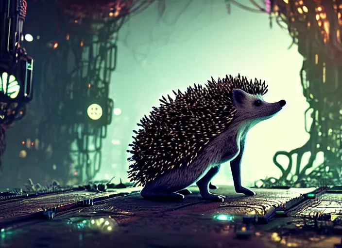 Image similar to intricate hedgehog with optic fibers instead of needles, on the background of a weird magical mechanical forest. Very detailed 8k. Fantasy cyberpunk horror. Sharp. Cinematic post-processing. Unreal engine. Nanite. Ray tracing. Parallax. Tessellation