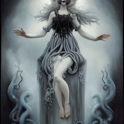 Image similar to By Tom Bagshaw, ultra realist soft painting of a curiosities carnival spikes flowers and tentacles by night, beautiful dark eyed evil porcelain doll in full long dress, symmetry accurate features, very intricate details, omnious sky, black and white, volumetric light clouds