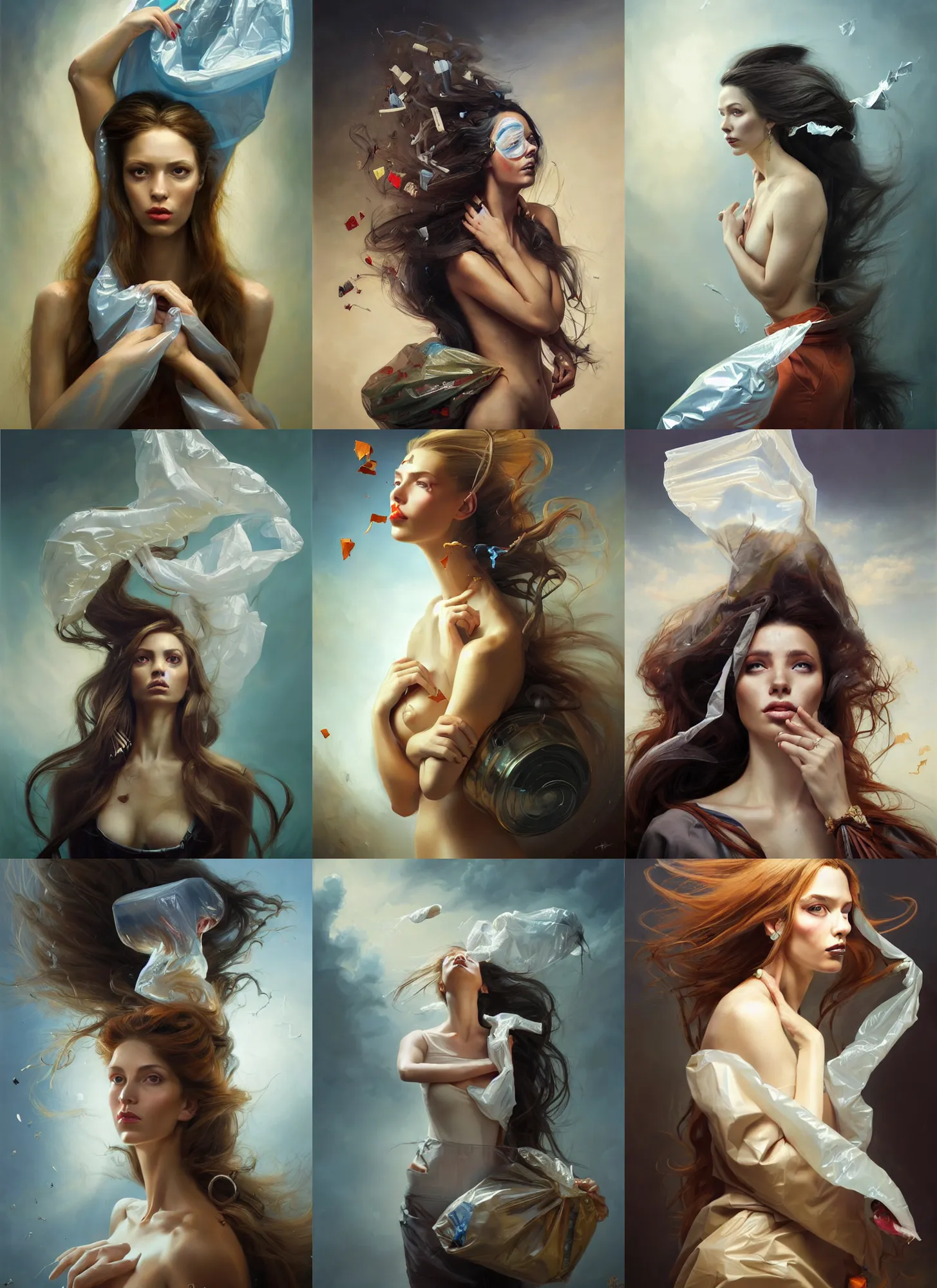 Prompt: fine art portrait oil painting of a beautiful woman with long hair wearing a plastic garbage bag for clothes with garbage flying into her face, perspective, ultra detailed, elegant, intricate, dynamic lighting, hyperrealism, sharp focus, art by peter mohrbacher and stefan kostic and andrei riabovitchev