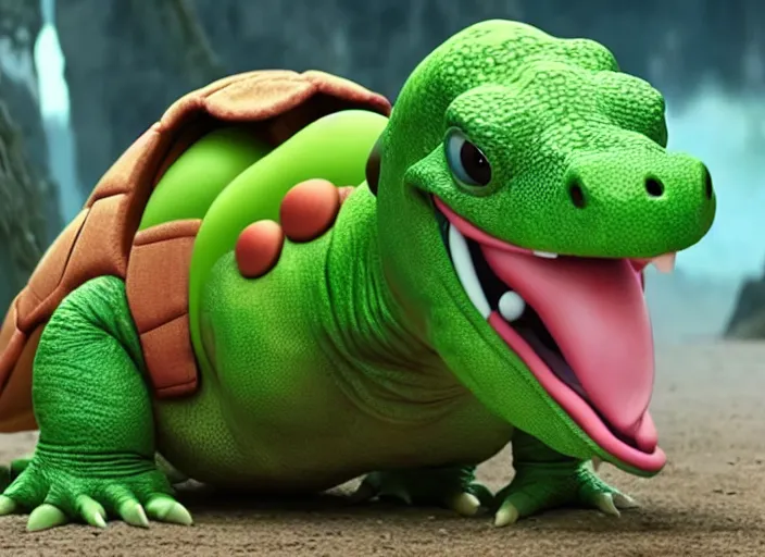 Image similar to film still of yoshi in the new sci - fi movie, cute upright dinosaur with a small turtle shell and long tongue, 8 k