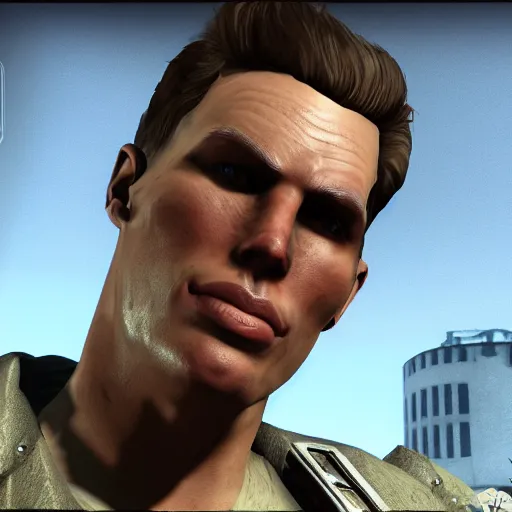 Image similar to jerma985 in fallout, close-up, tight shot, portrait, unreal engine, in game screenshot, high definition, detailed
