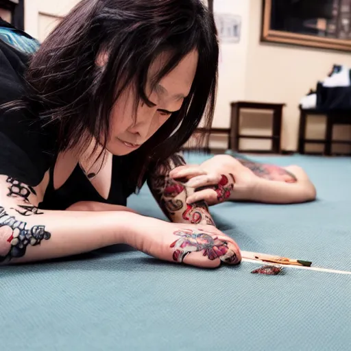 Image similar to woman getting tattoo traditional japanese on floor with old man tattooing photorealistic high detail