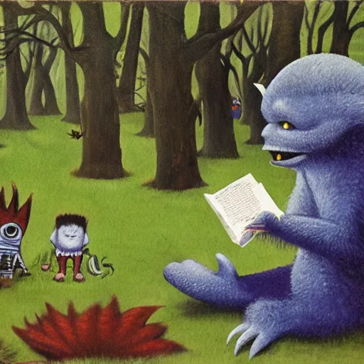 Image similar to monster reading a book in a forest, where the wild things are, bicycle nearby, oil on canvas, calm, maurice sendak