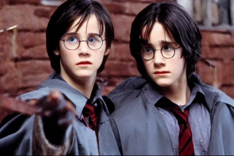 Prompt: film still of young Keanu Reeves as Harry Potter with glasses in Harry Potter