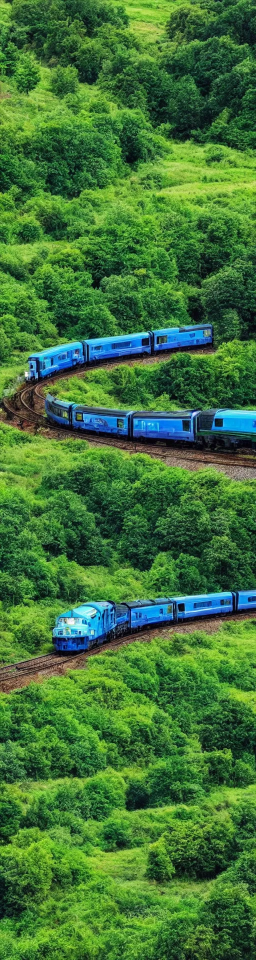 Prompt: blue and green train in the country,